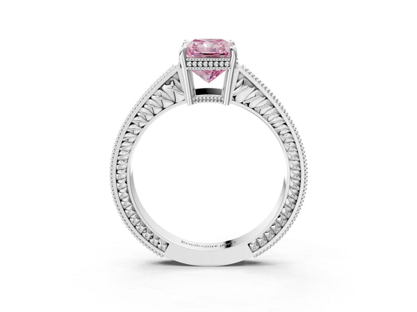 Platinum Fancy Pink Radiant Cut Diamond Ring with Milgrain Pavé Band and Four-Prong Setting