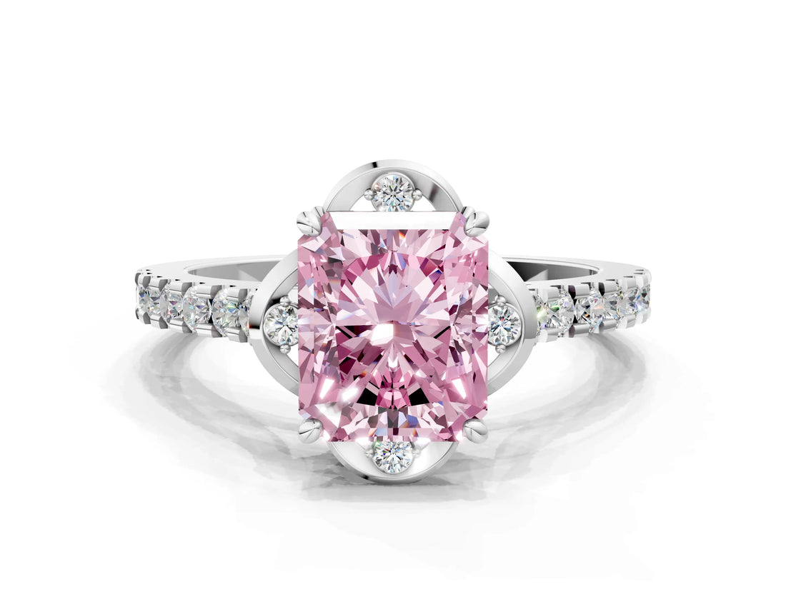 White gold Fancy Pink Radiant Cut Diamond Ring with Pavé Band and Floral Prong Setting_63