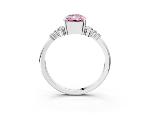 White gold Fancy Pink Radiant Cut Diamond Ring with Side Stones and Four-Prong Setting