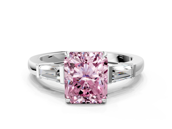 White gold Fancy Pink Radiant  Cut Diamond Ring with Tapered Baguette Side Stones in Four-Prong Setting