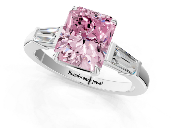 White gold Fancy Pink Radiant  Cut Diamond Ring with Tapered Baguette Side Stones in Four-Prong Setting