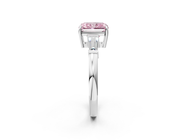 White gold Fancy Pink Radiant  Cut Diamond Ring with Tapered Baguette Side Stones in Four-Prong Setting