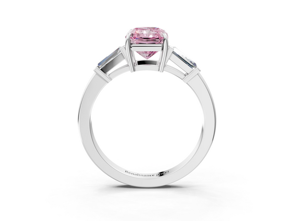 White gold Fancy Pink Radiant  Cut Diamond Ring with Tapered Baguette Side Stones in Four-Prong Setting