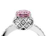 White gold Fancy Pink Radiant Cut Diamond Scalloped Halo Engagement Ring with Round Shared Prong Band_16