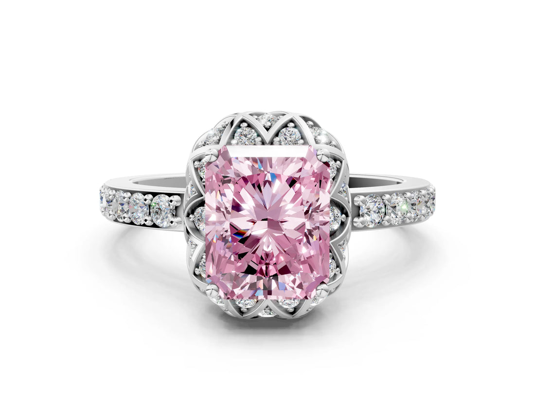 White gold Fancy Pink Radiant Cut Diamond Scalloped Halo Engagement Ring with Round Shared Prong Band_18