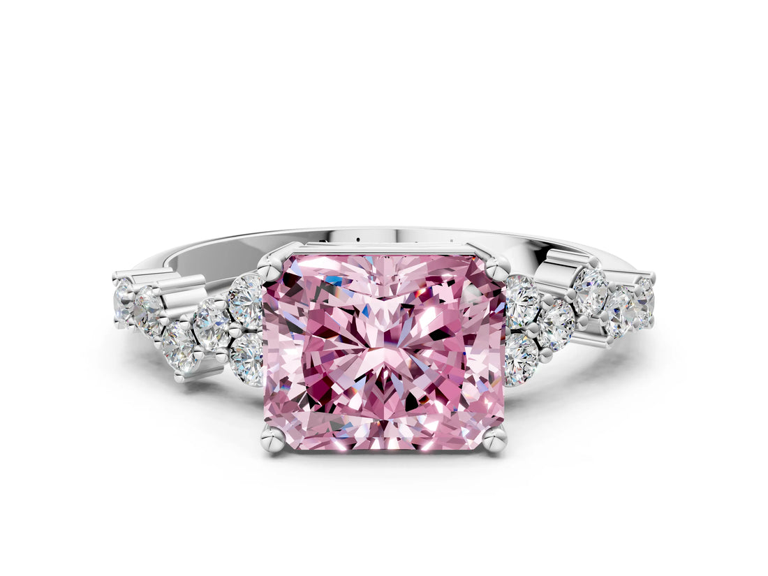 White gold Fancy Pink Radiant Cut Diamond Scattered Round Accent Ring with Prong Setting_13