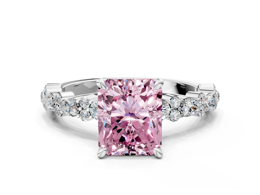 White gold Fancy Pink Radiant Cut Diamond Side Stone Solitaire Ring with Round  and Four-Prong Setting_219
