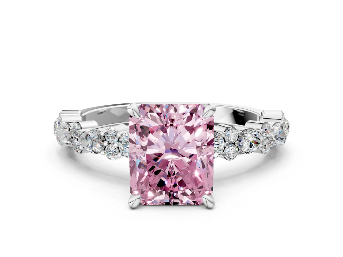 White gold Fancy Pink Radiant Cut Diamond Side Stone Solitaire Ring with Round  and Four-Prong Setting_24