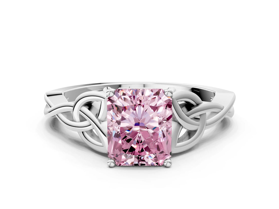 White gold Fancy Pink Radiant Cut Diamond Solitaire Celtic Knot Ring with Four-Prong Setting_119