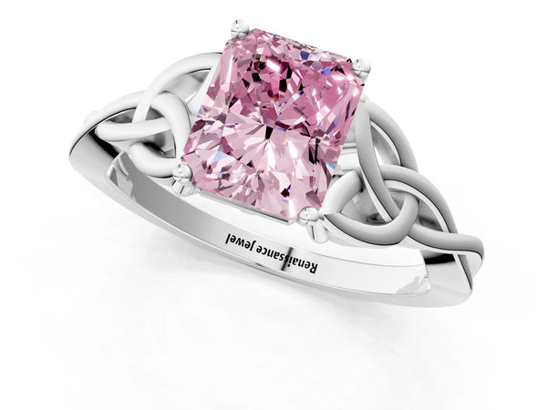 White gold Fancy Pink Radiant Cut Diamond Solitaire Celtic Knot Ring with Four-Prong Setting