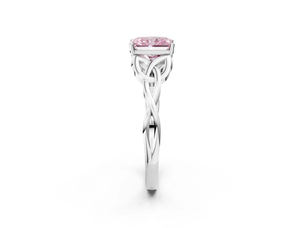 White gold Fancy Pink Radiant Cut Diamond Solitaire Celtic Knot Ring with Four-Prong Setting