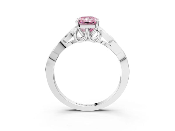 White gold Fancy Pink Radiant Cut Diamond Solitaire Celtic Knot Ring with Four-Prong Setting