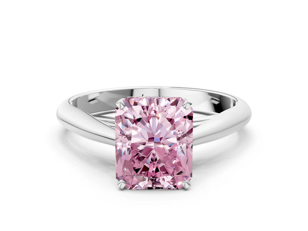White gold Fancy Pink Radiant Cut Diamond Solitaire Engagement Ring with Cathedral Setting and Four-Prong Mount