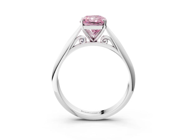 White gold Fancy Pink Radiant Cut Diamond Solitaire Engagement Ring with Cathedral Setting and Four-Prong Mount
