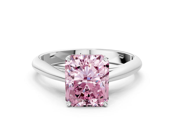 White gold Fancy Pink Radiant Cut Diamond Solitaire Engagement Ring with Cathedral Setting and Four-Prong Mount