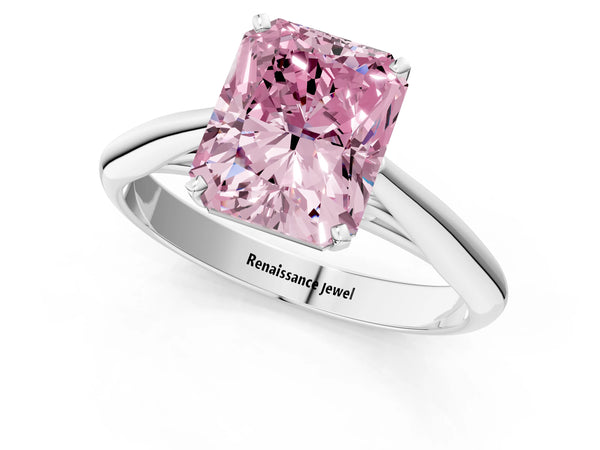 White gold Fancy Pink Radiant Cut Diamond Solitaire Engagement Ring with Cathedral Setting and Four-Prong Mount