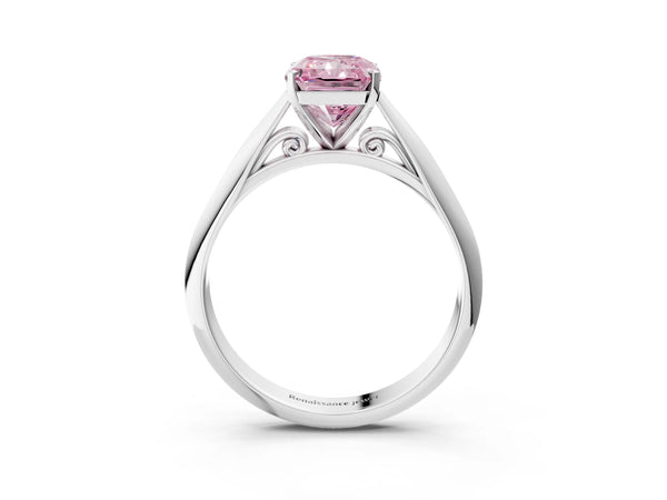 White gold Fancy Pink Radiant Cut Diamond Solitaire Engagement Ring with Cathedral Setting and Four-Prong Mount