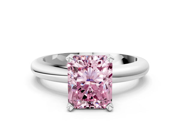 White gold Fancy Pink Radiant Cut Diamond Solitaire Engagement Ring with Round Band and Four-Prong Setting