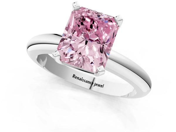 White gold Fancy Pink Radiant Cut Diamond Solitaire Engagement Ring with Round Band and Four-Prong Setting