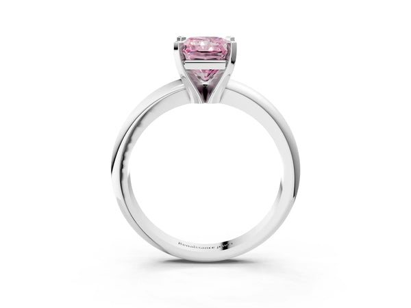 White gold Fancy Pink Radiant Cut Diamond Solitaire Engagement Ring with Round Band and Four-Prong Setting