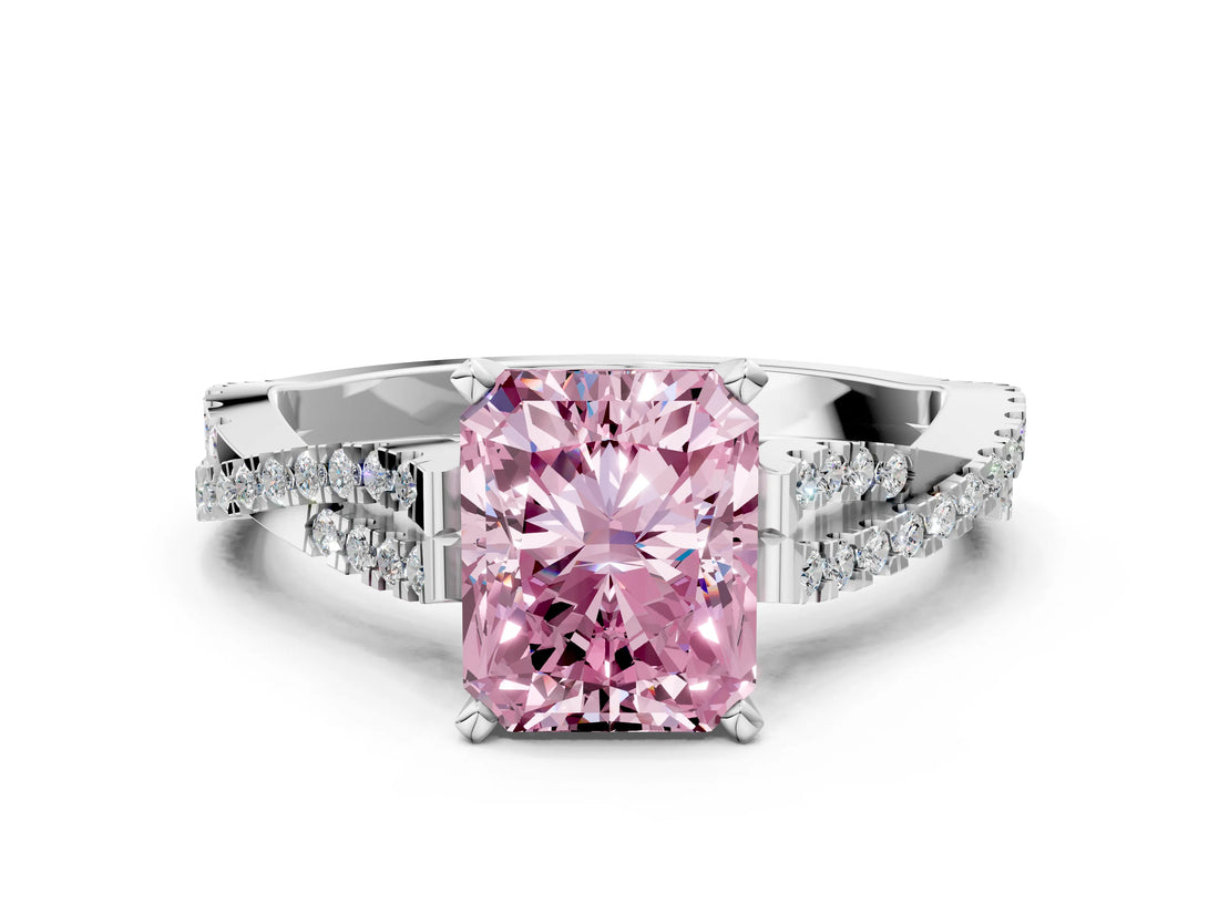 White gold Fancy Pink Radiant Cut Diamond Solitaire Engagement Ring with Twisted Pavé Band and Four-Prong Setting_92