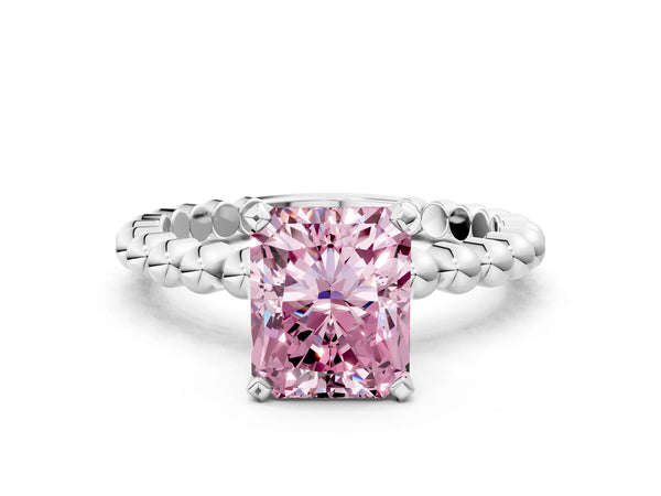 White gold Fancy Pink Radiant Cut Diamond Solitaire Ring with Beaded Band and Prong Setting