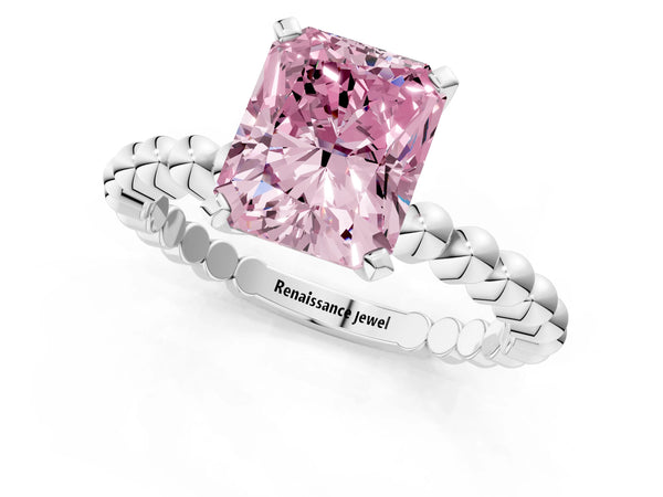White gold Fancy Pink Radiant Cut Diamond Solitaire Ring with Beaded Band and Prong Setting