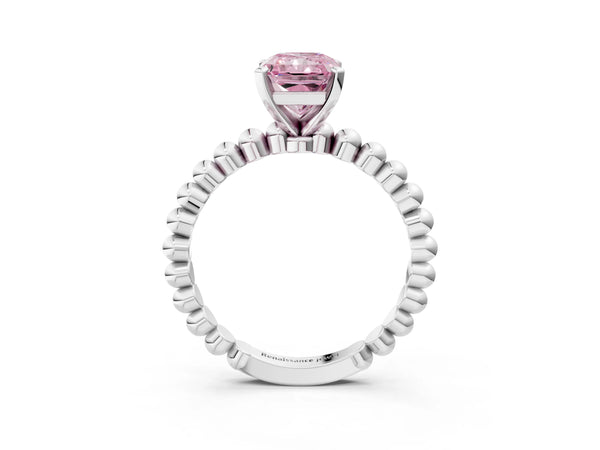 White gold Fancy Pink Radiant Cut Diamond Solitaire Ring with Beaded Band and Prong Setting