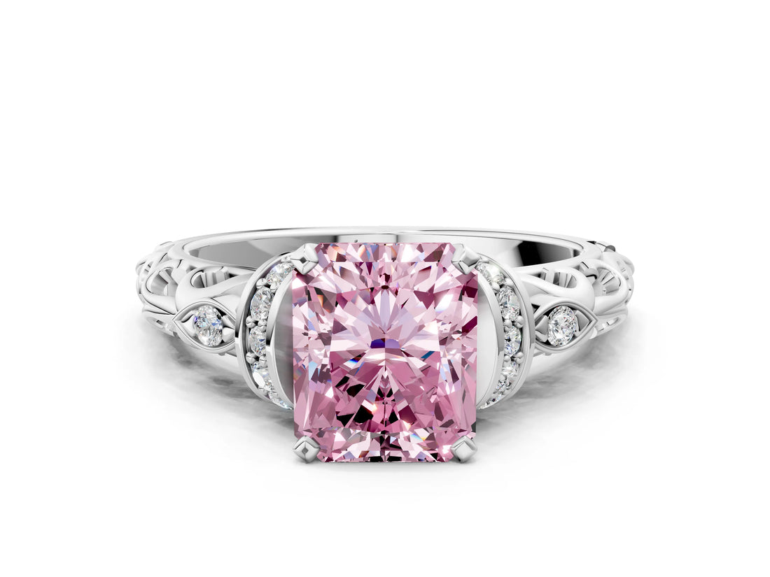 White gold Fancy Pink Radiant Cut Diamond Solitaire Ring with Filigree Band and Four-Prong Setting_76