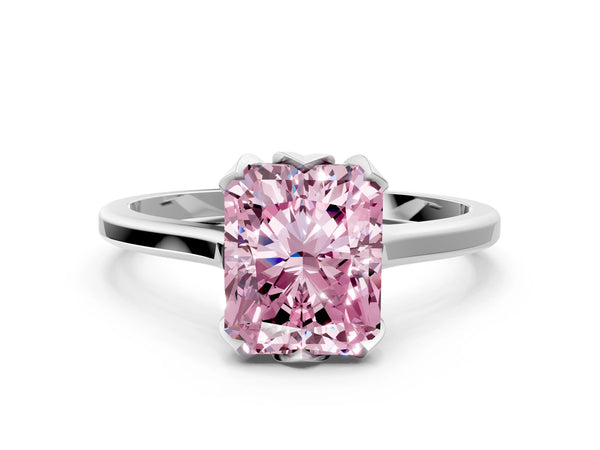 Platinum Fancy Pink Radiant Cut Diamond Solitaire Ring with Flower Prong Setting and Classic Band