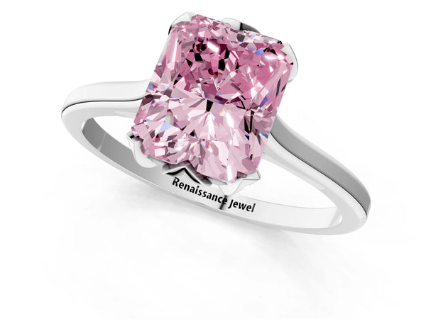 Platinum Fancy Pink Radiant Cut Diamond Solitaire Ring with Flower Prong Setting and Classic Band