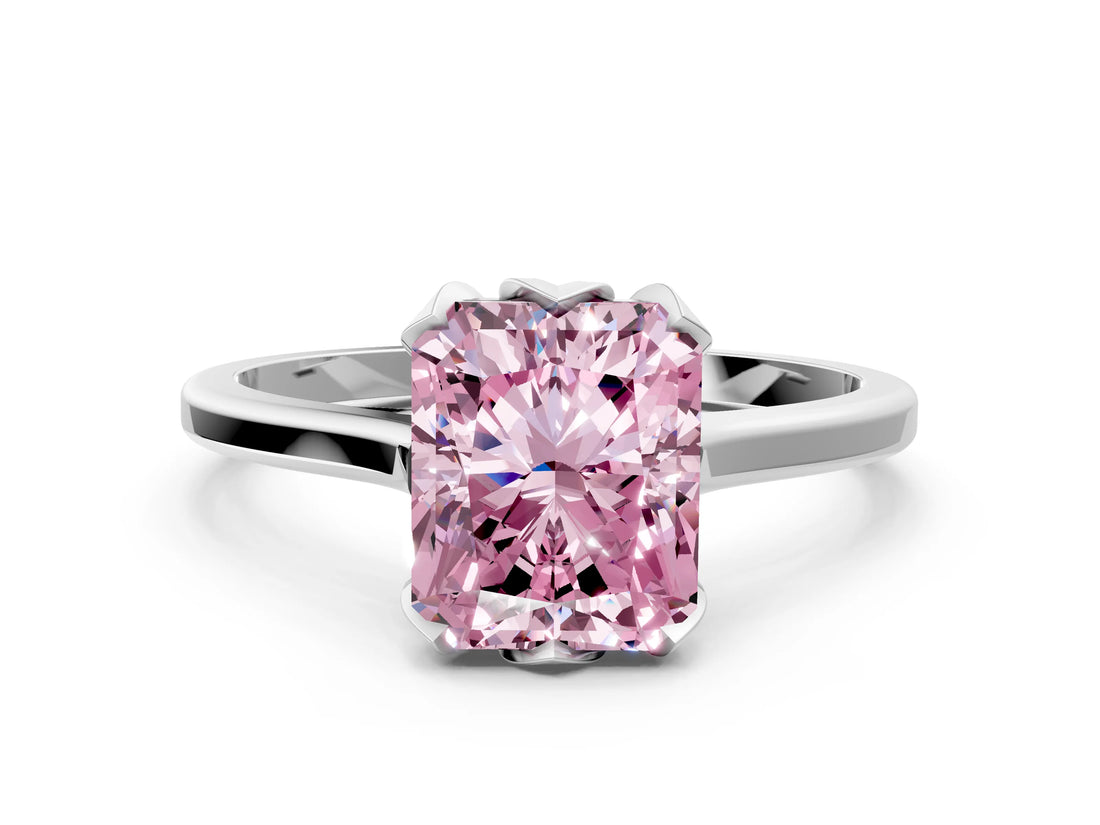 White gold Fancy Pink Radiant Cut Diamond Solitaire Ring with Flower Prong Setting and Classic Band_104