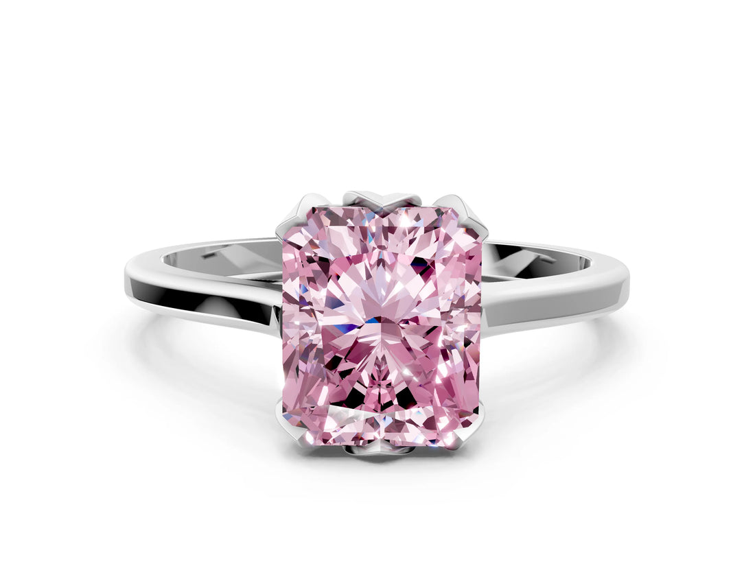 White gold Fancy Pink Radiant Cut Diamond Solitaire Ring with Flower Prong Setting and Classic Band_13