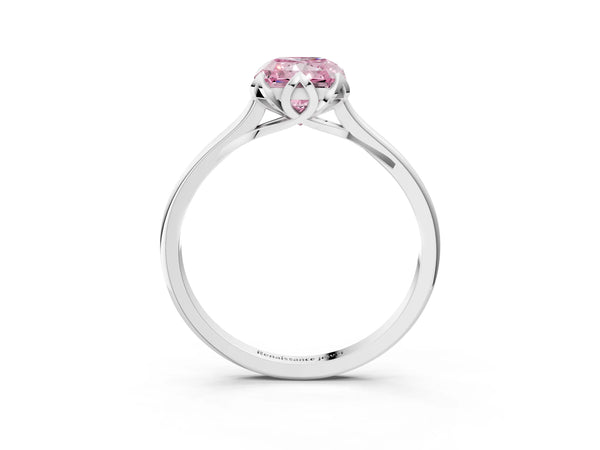 Platinum Fancy Pink Radiant Cut Diamond Solitaire Ring with Flower Prong Setting and Classic Band