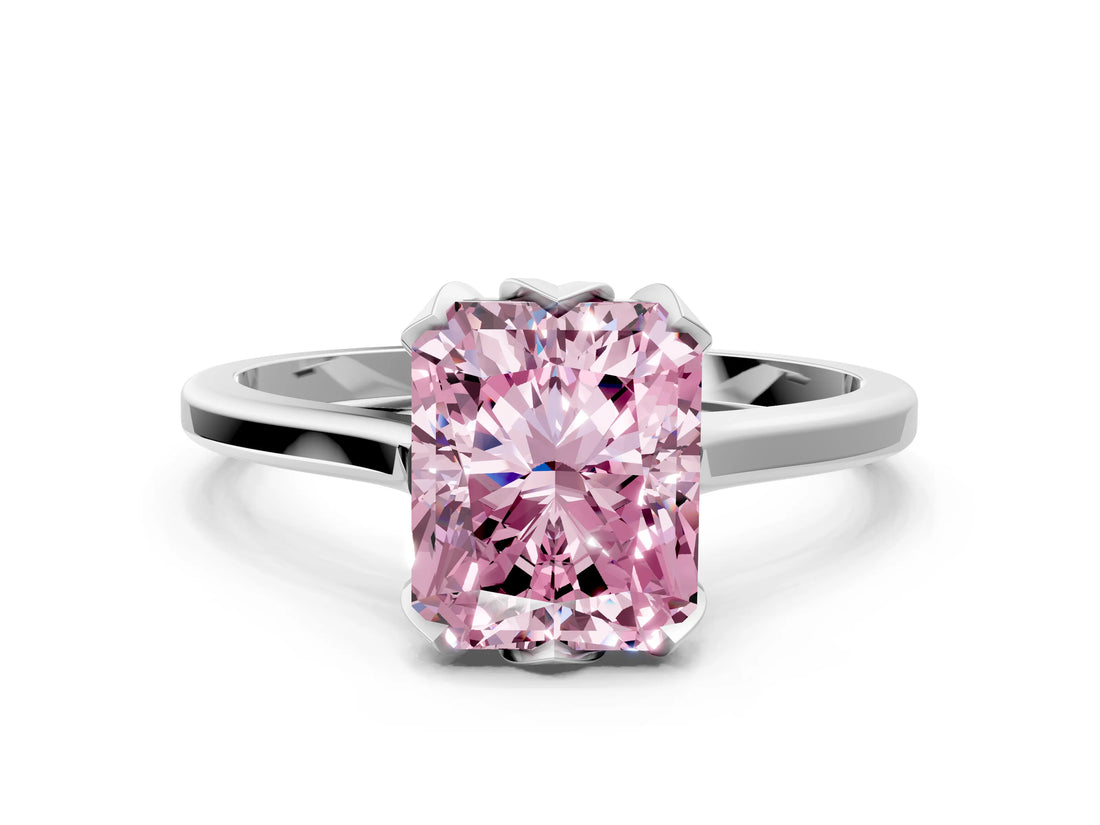 White gold Fancy Pink Radiant Cut Diamond Solitaire Ring with Flower Prong Setting and Classic Band_92