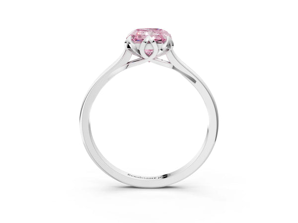 Platinum Fancy Pink Radiant Cut Diamond Solitaire Ring with Flower Prong Setting and Classic Band