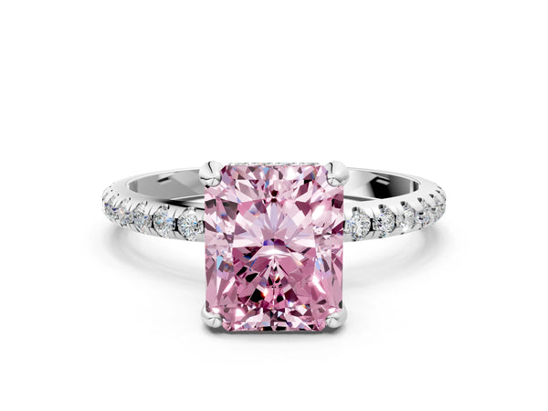 White gold Fancy Pink Radiant Cut Diamond Solitaire Ring with Four-Prong Setting and Pavé Band
