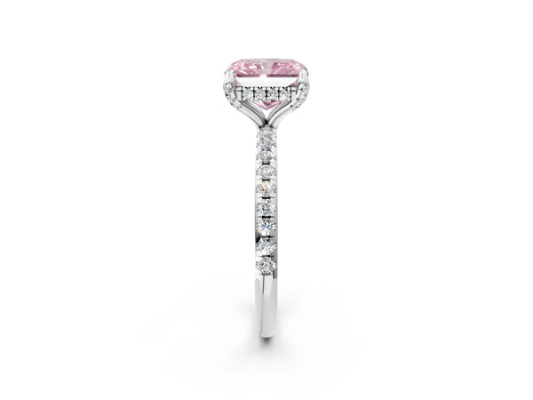 White gold Fancy Pink Radiant Cut Diamond Solitaire Ring with Four-Prong Setting and Pavé Band