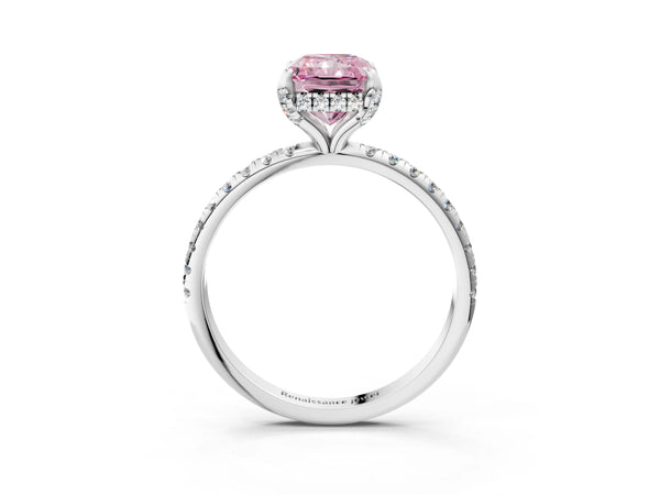 White gold Fancy Pink Radiant Cut Diamond Solitaire Ring with Four-Prong Setting and Pavé Band