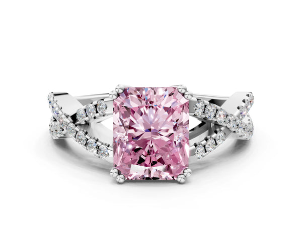 White gold Fancy Pink Radiant Cut Diamond Solitaire Ring with Four-Prong Setting and Twisted Pavé Band