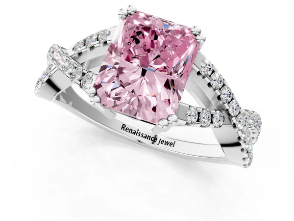 White gold Fancy Pink Radiant Cut Diamond Solitaire Ring with Four-Prong Setting and Twisted Pavé Band