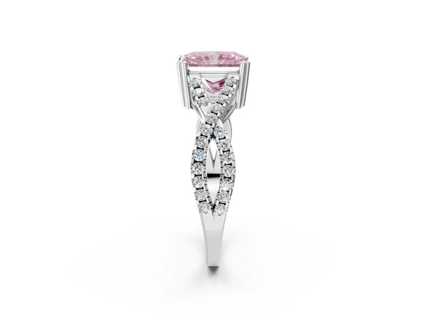 White gold Fancy Pink Radiant Cut Diamond Solitaire Ring with Four-Prong Setting and Twisted Pavé Band
