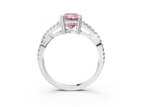 White gold Fancy Pink Radiant Cut Diamond Solitaire Ring with Four-Prong Setting and Twisted Pavé Band