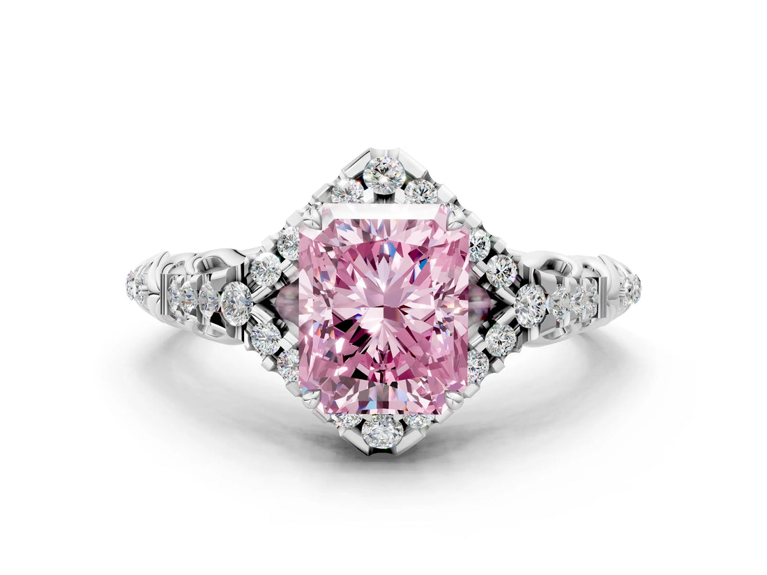 White gold Fancy Pink Radiant Cut Diamond Solitaire Ring with Hidden Halo and Pavé Band_39