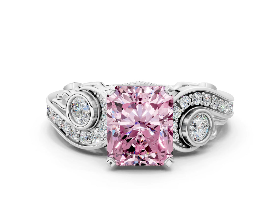 White gold Fancy Pink Radiant Cut Diamond Solitaire Ring with Milgrain Pavé Band and Four-Prong Setting_224