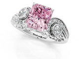 White gold Fancy Pink Radiant Cut Diamond Solitaire Ring with Milgrain Pavé Band and Four-Prong Setting_225