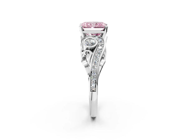 Platinum Radiant Cut Vintage Swirl Engagement Ring Setting for Fancy Pink Center