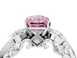 White gold Fancy Pink Radiant Cut Diamond Solitaire Ring with Milgrain Pavé Band and Four-Prong Setting_229