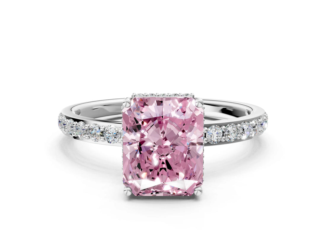 White gold Fancy Pink Radiant Cut Diamond Solitaire Ring with Pavé Band and Hidden Halo_32