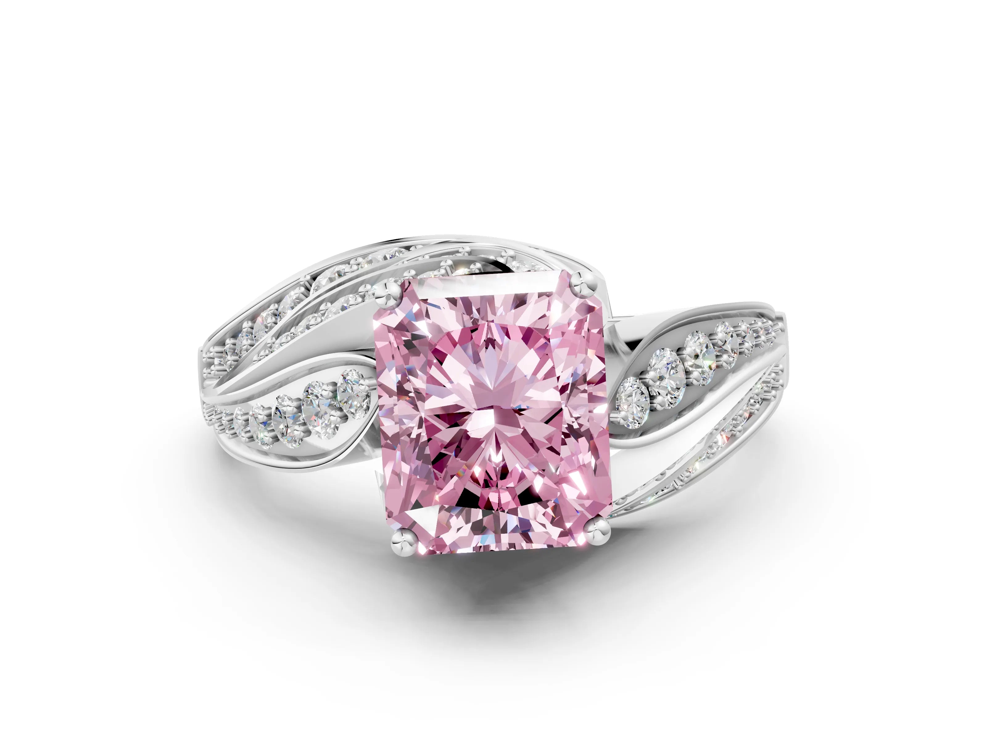 White gold Fancy Pink Radiant Cut Diamond Solitaire Ring with Prong Setting and Twisted Pavé Band